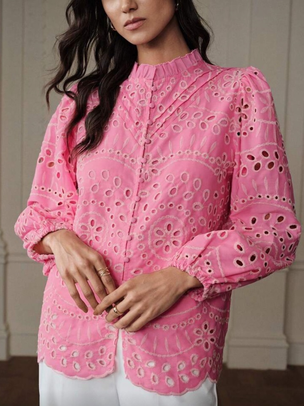 Avalon French Pink Eyelet Blouse White Embroidered Flowers, Puff Sleeves, L, New - Picture 6 of 7